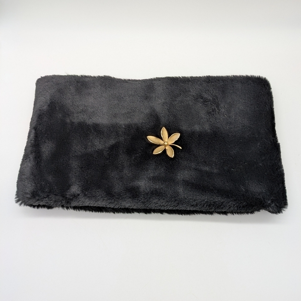 Louisa Perini black gold flower brooch accent faux fur neck warmer